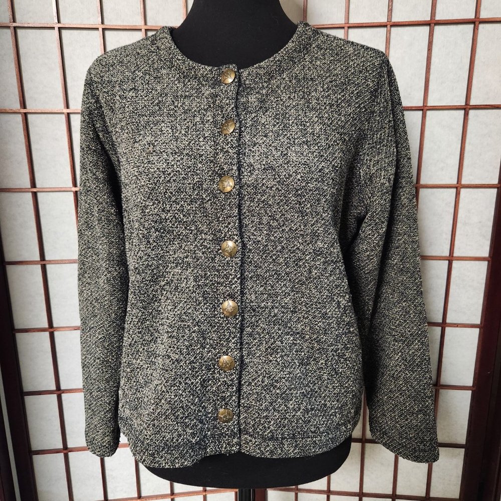 LL Bean Black & White Marled Knit Cardigan Size M